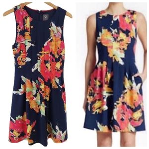 Vince Camuto Fit & Flare Dress Navy Floral Sleeveless Pintuck Bodice - Size 10